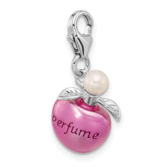 Amore La Vita Sterling Silver Rhodium-plated Magenta Enameled Perfume Bottle and Freshwater Cultured Pearl Charm with Fancy Lobster Clasp