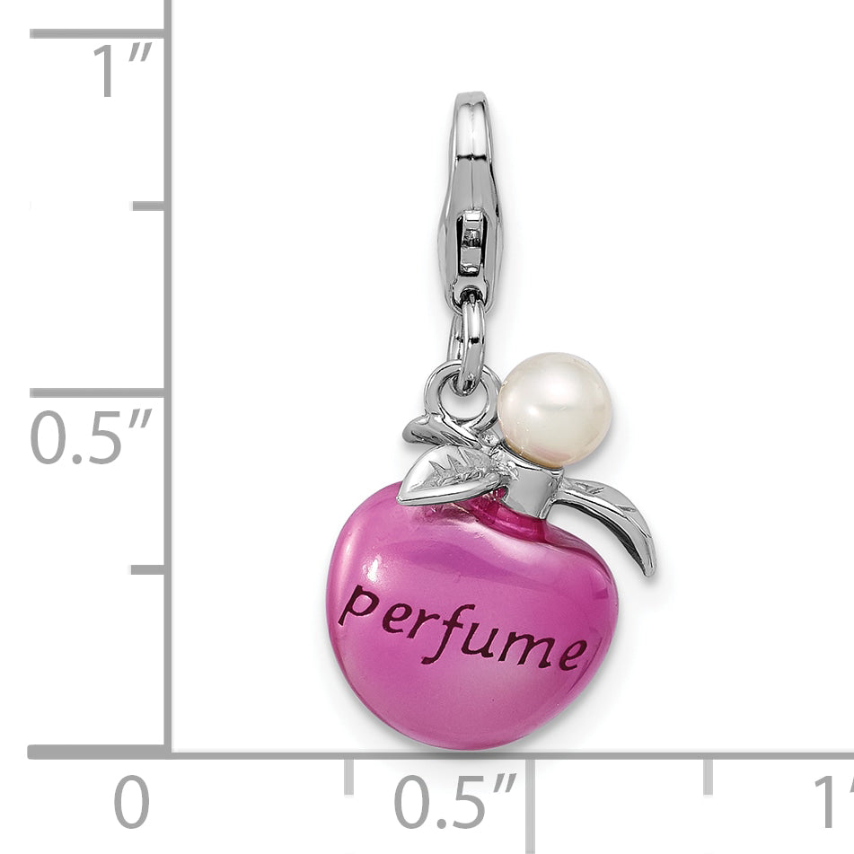 Amore La Vita Sterling Silver Rhodium-plated Magenta Enameled Perfume Bottle and Freshwater Cultured Pearl Charm with Fancy Lobster Clasp