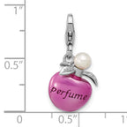 Amore La Vita Sterling Silver Rhodium-plated Magenta Enameled Perfume Bottle and Freshwater Cultured Pearl Charm with Fancy Lobster Clasp