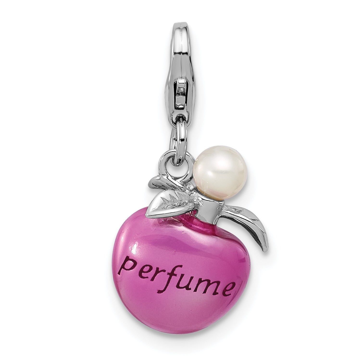 Amore La Vita Sterling Silver Rhodium-plated Magenta Enameled Perfume Bottle and Freshwater Cultured Pearl Charm with Fancy Lobster Clasp Main image