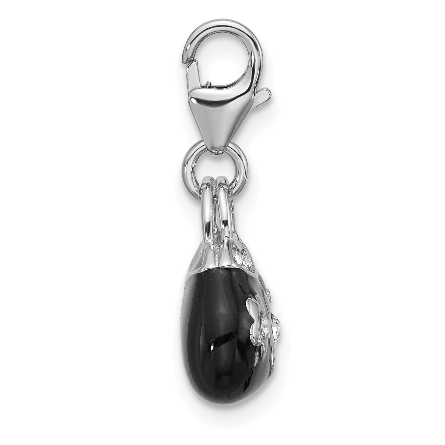 Amore La Vita Sterling Silver Rhodium-plated 3-D Black Enameled Purse with Flowers and White Crystal On Bag Charm with Fancy Lobster Clap Secondary image