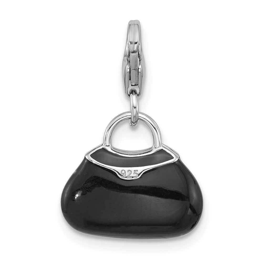 Amore La Vita Sterling Silver Rhodium-plated 3-D Black Enameled Purse with Flowers and White Crystal On Bag Charm with Fancy Lobster Clap