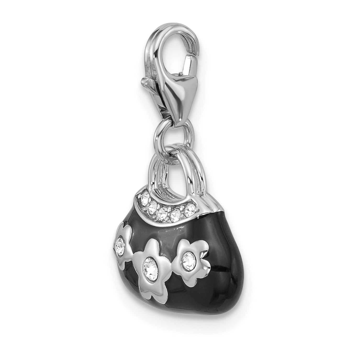 Amore La Vita Sterling Silver Rhodium-plated 3-D Black Enameled Purse with Flowers and White Crystal On Bag Charm with Fancy Lobster Clap
