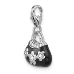 Amore La Vita Sterling Silver Rhodium-plated 3-D Black Enameled Purse with Flowers and White Crystal On Bag Charm with Fancy Lobster Clap