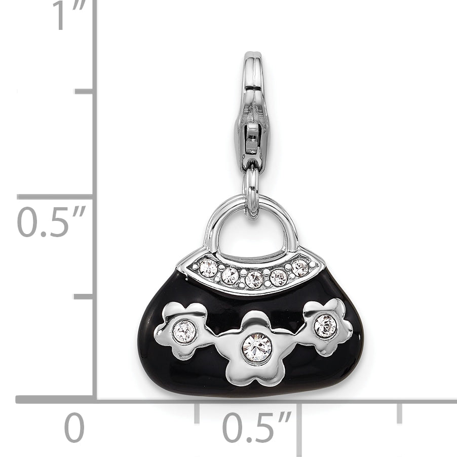Amore La Vita Sterling Silver Rhodium-plated 3-D Black Enameled Purse with Flowers and White Crystal On Bag Charm with Fancy Lobster Clap
