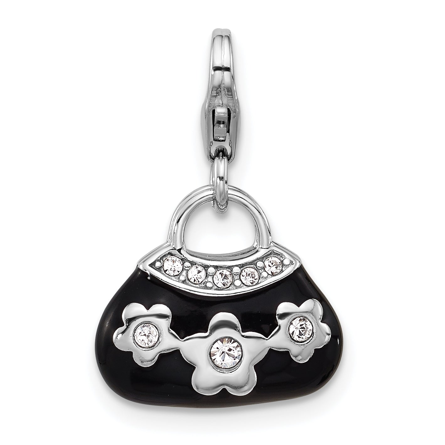 Amore La Vita Sterling Silver Rhodium-plated 3-D Black Enameled Purse with Flowers and White Crystal On Bag Charm with Fancy Lobster Clap