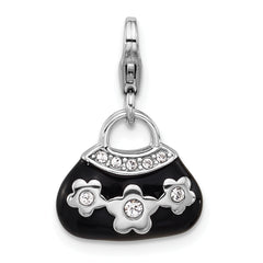 Amore La Vita Sterling Silver Rhodium-plated 3-D Black Enameled Purse with Flowers and White Crystal On Bag Charm with Fancy Lobster Clap