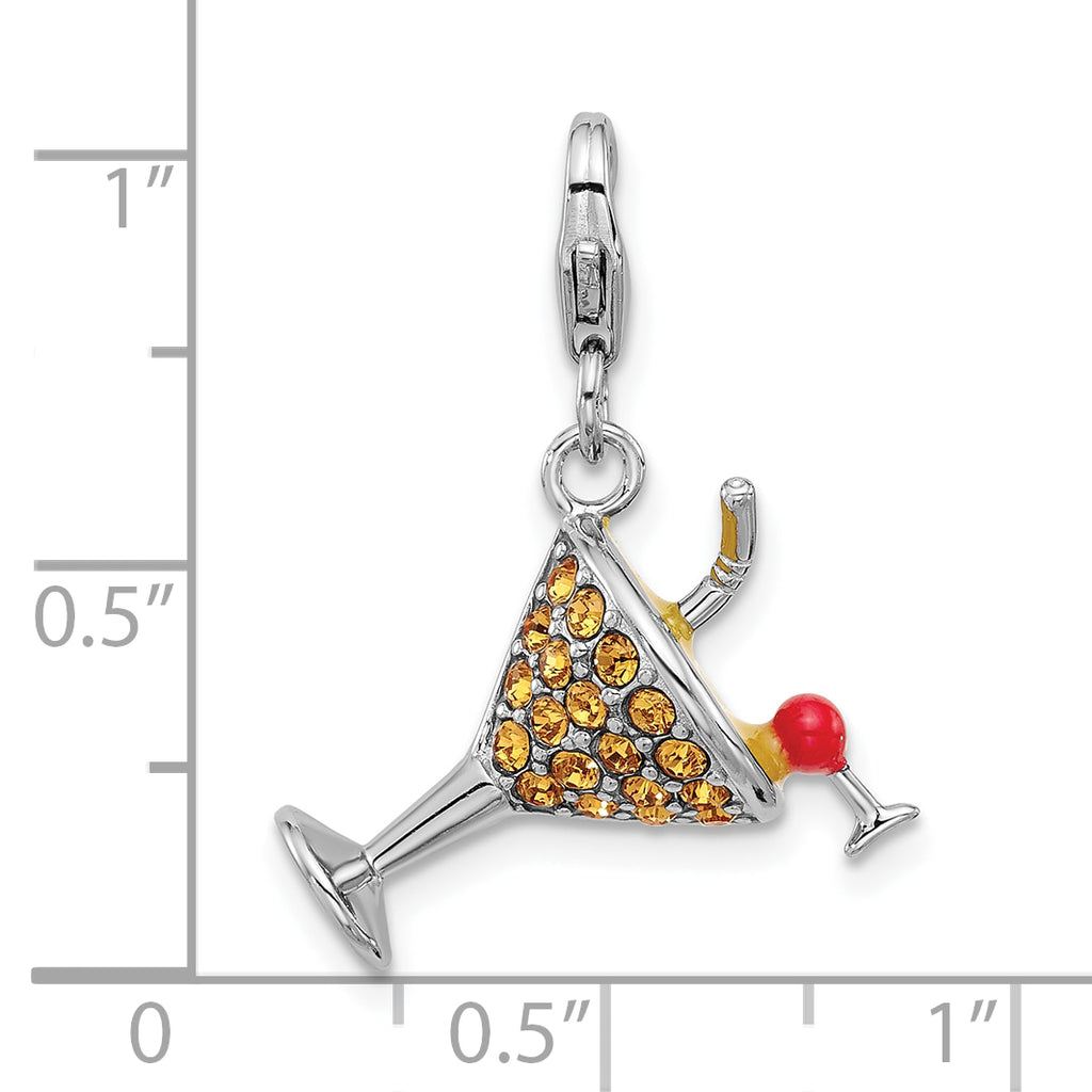 Amore La Vita Sterling Silver Rhodium-plated Yellow Crystal Martini Glass with Red and Yellow Enameled Toppings and Straw Charm with Fancy Lobster Clasp