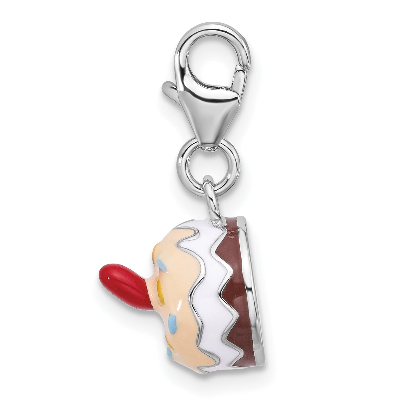 Amore La Vita Sterling Silver Rhodium-plated Multi Color Enameled Cake with Red Enameled Heart Topper Charm with Fancy Lobster Charm
