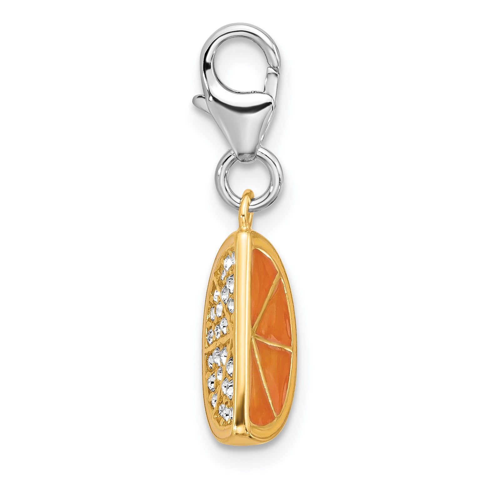Amore La Vita Sterling Silver Rhodium and Gold-plated Yellow Enameled Orange Slice with White Crystal Charm with Fancy Lobster Clasp