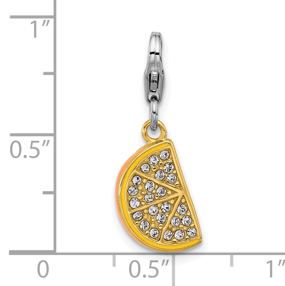 Amore La Vita Sterling Silver Rhodium and Gold-plated Yellow Enameled Orange Slice with White Crystal Charm with Fancy Lobster Clasp