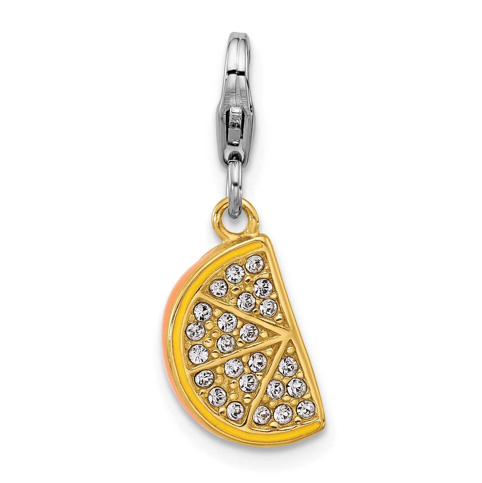 Amore La Vita Sterling Silver Rhodium and Gold-plated Yellow Enameled Orange Slice with White Crystal Charm with Fancy Lobster Clasp Main image