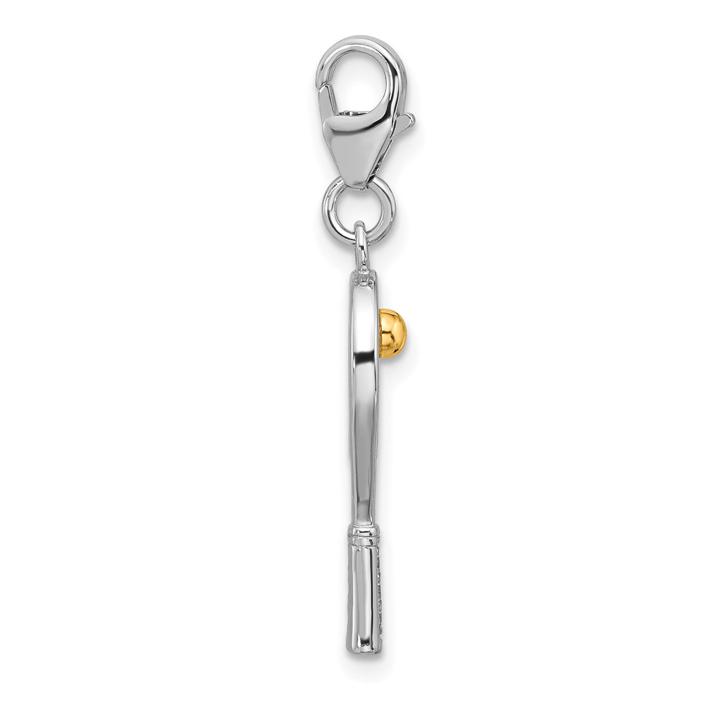Amore La Vita Sterling Silver Rhodium and Gold-plated Tennis Racket with Ball and CZ Handle Charm with Fancy Lobster Clasp