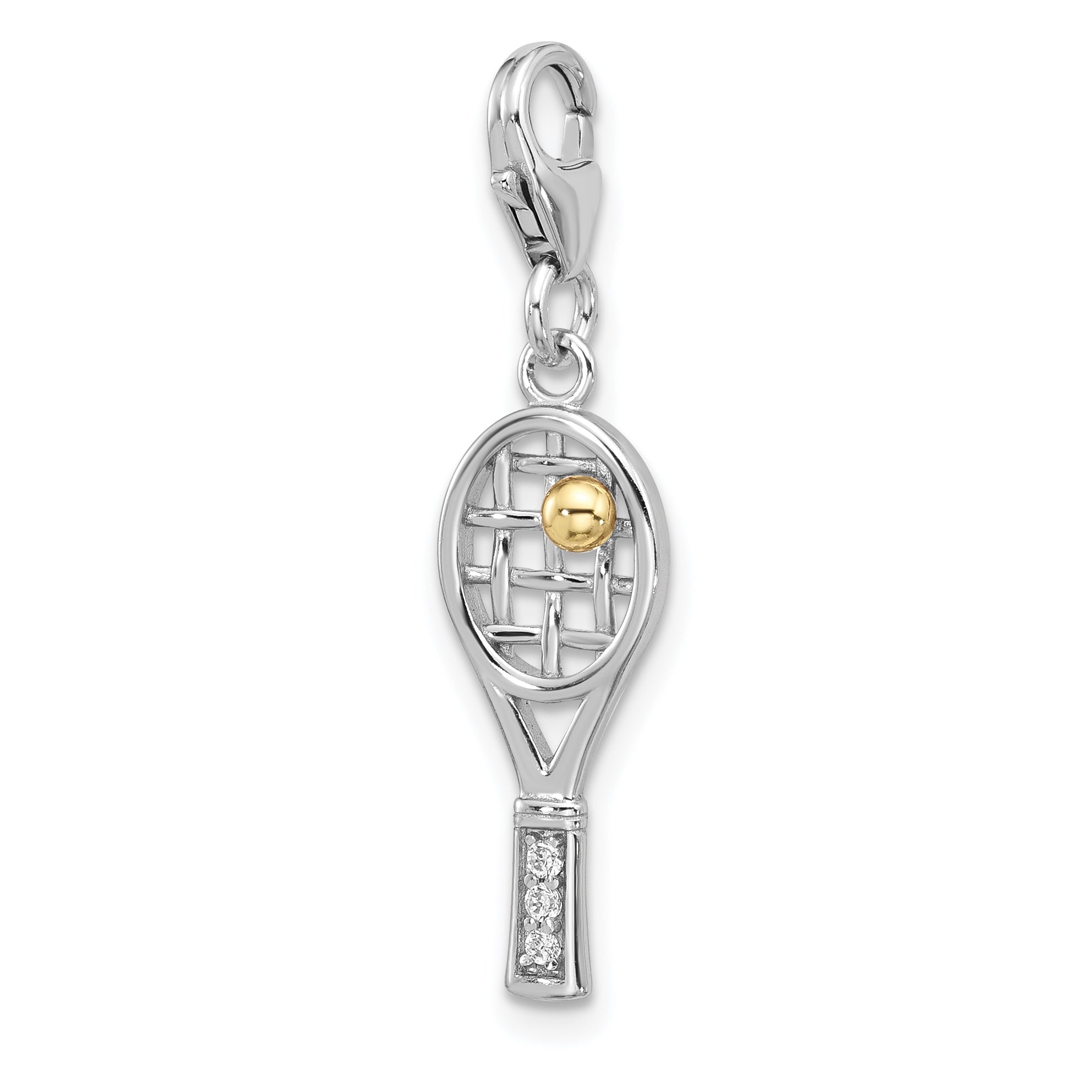 Amore La Vita Sterling Silver Rhodium and Gold-plated Tennis Racket with Ball and CZ Handle Charm with Fancy Lobster Clasp