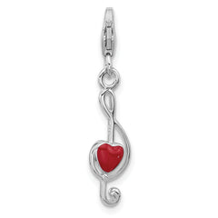 Amore La Vita Sterling Silver Rhodium-plated Treble Clef with Red Enameled Heart Inside Charm with Fancy Lobster Clasp