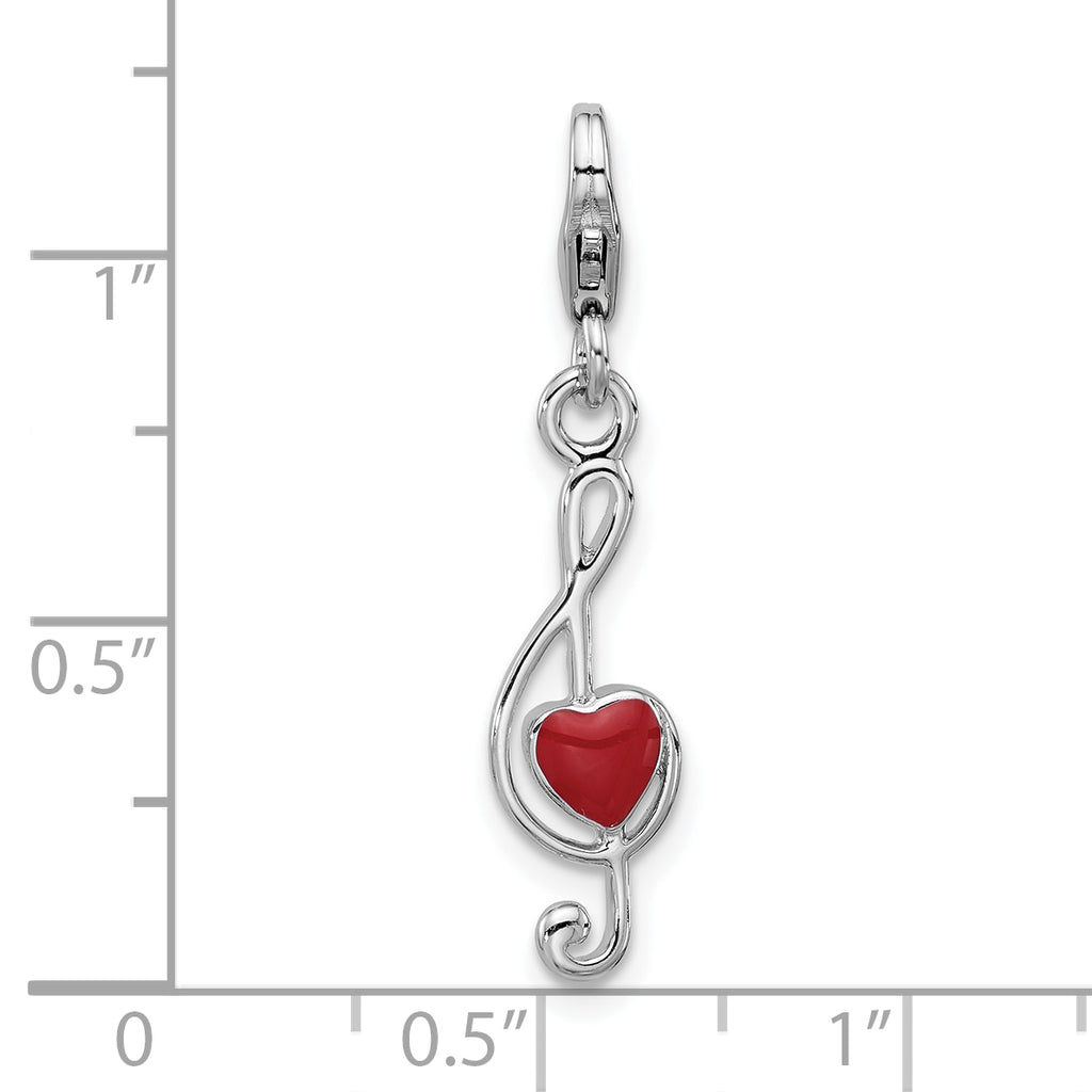 Amore La Vita Sterling Silver Rhodium-plated Treble Clef with Red Enameled Heart Inside Charm with Fancy Lobster Clasp