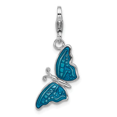 Amore La Vita Sterling Silver Rhodium-plated 3-D Blue Enameled Butterfly Charm with Fancy Lobster Clasp