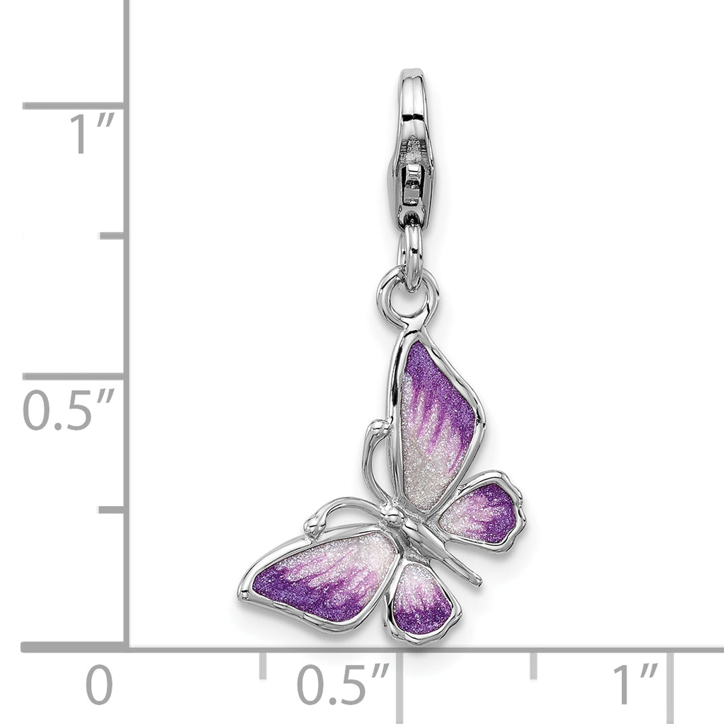 Amore La Vita Sterling Silver Rhodium-plated 3-D Purple Enameled Butterfly Charm with Fancy Lobster Clasp