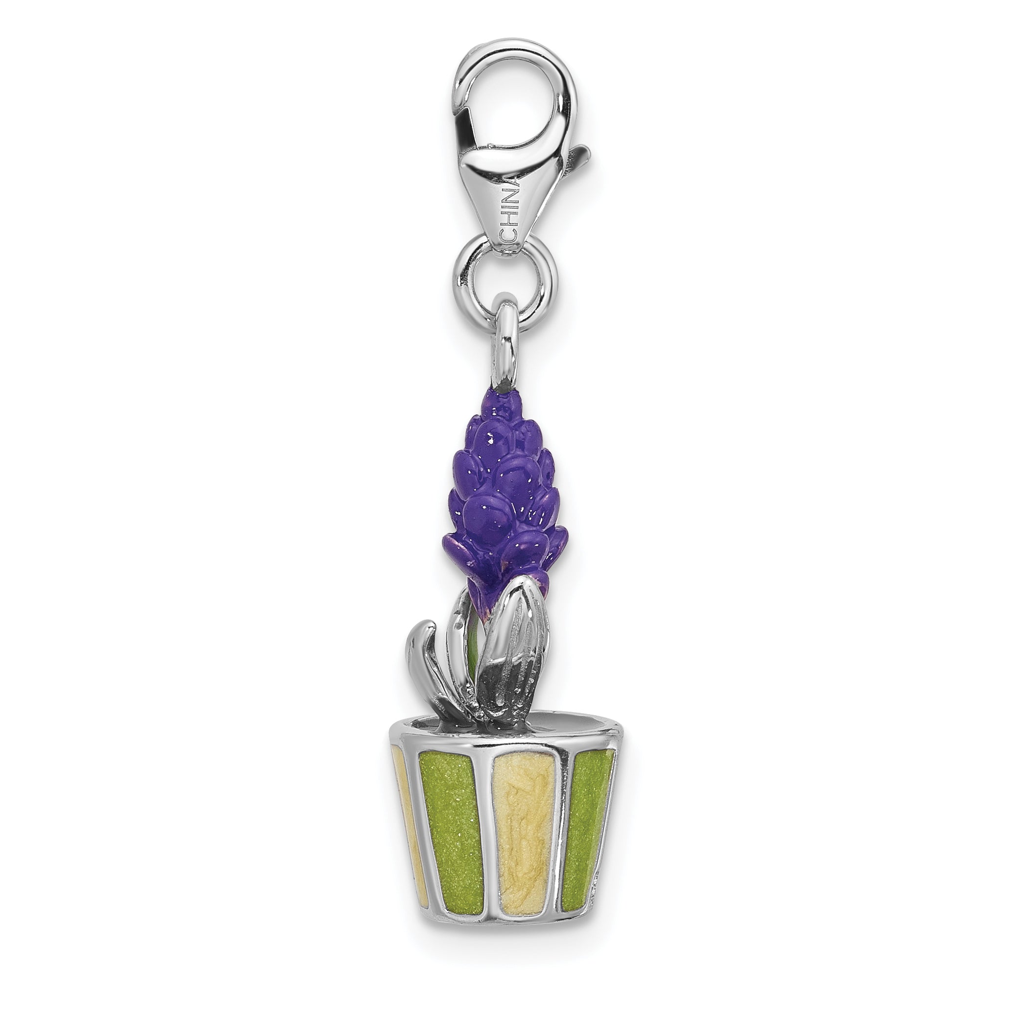 Amore La Vita Sterling Silver Rhodium-plated 3-D Purple Enameled Hyacinth Flower in Green and Yellow Enameled Flower Pot Charm with Fancy Lobster Clasp