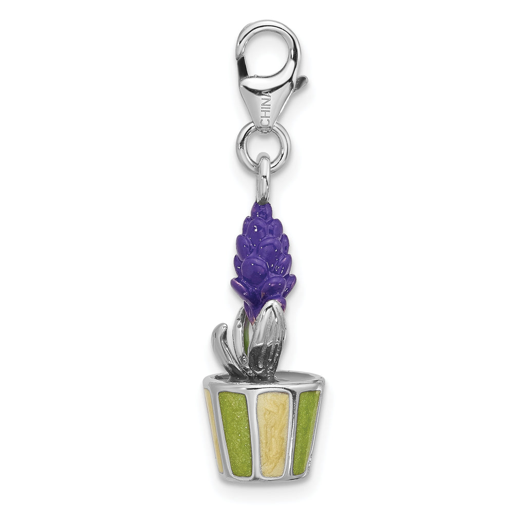 Amore La Vita Sterling Silver Rhodium-plated 3-D Purple Enameled Hyacinth Flower in Green and Yellow Enameled Flower Pot Charm with Fancy Lobster Clasp