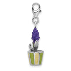 Amore La Vita Sterling Silver Rhodium-plated 3-D Purple Enameled Hyacinth Flower in Green and Yellow Enameled Flower Pot Charm with Fancy Lobster Clasp
