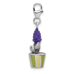 Amore La Vita Sterling Silver Rhodium-plated 3-D Purple Enameled Hyacinth Flower in Green and Yellow Enameled Flower Pot Charm with Fancy Lobster Clasp