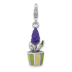 Amore La Vita Sterling Silver Rhodium-plated 3-D Purple Enameled Hyacinth Flower in Green and Yellow Enameled Flower Pot Charm with Fancy Lobster Clasp