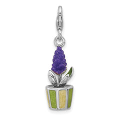 Amore La Vita Sterling Silver Rhodium-plated 3-D Purple Enameled Hyacinth Flower in Green and Yellow Enameled Flower Pot Charm with Fancy Lobster Clasp