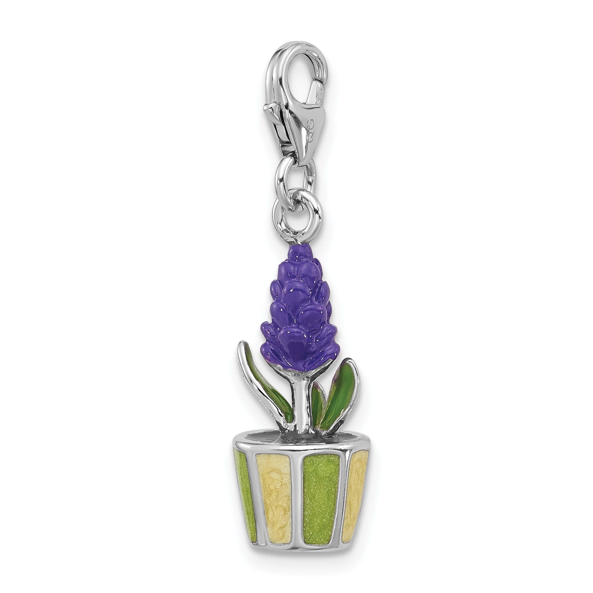 Amore La Vita Sterling Silver Rhodium-plated 3-D Purple Enameled Hyacinth Flower in Green and Yellow Enameled Flower Pot Charm with Fancy Lobster Clasp