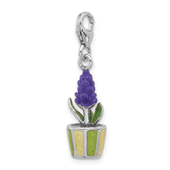 Amore La Vita Sterling Silver Rhodium-plated 3-D Purple Enameled Hyacinth Flower in Green and Yellow Enameled Flower Pot Charm with Fancy Lobster Clasp
