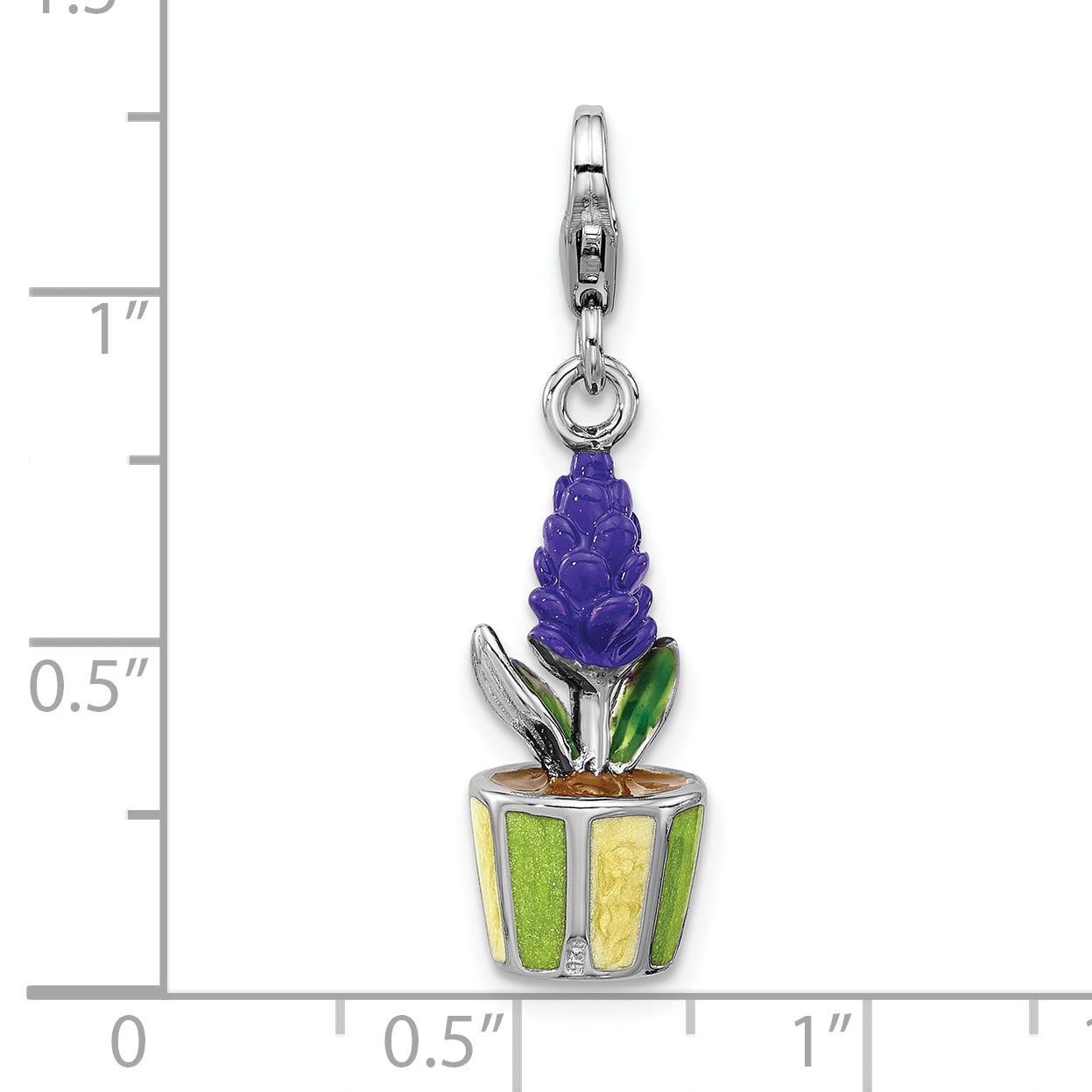 Amore La Vita Sterling Silver Rhodium-plated 3-D Purple Enameled Hyacinth Flower in Green and Yellow Enameled Flower Pot Charm with Fancy Lobster Clasp