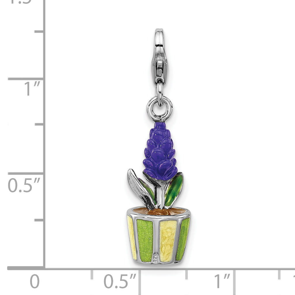 Amore La Vita Sterling Silver Rhodium-plated 3-D Purple Enameled Hyacinth Flower in Green and Yellow Enameled Flower Pot Charm with Fancy Lobster Clasp