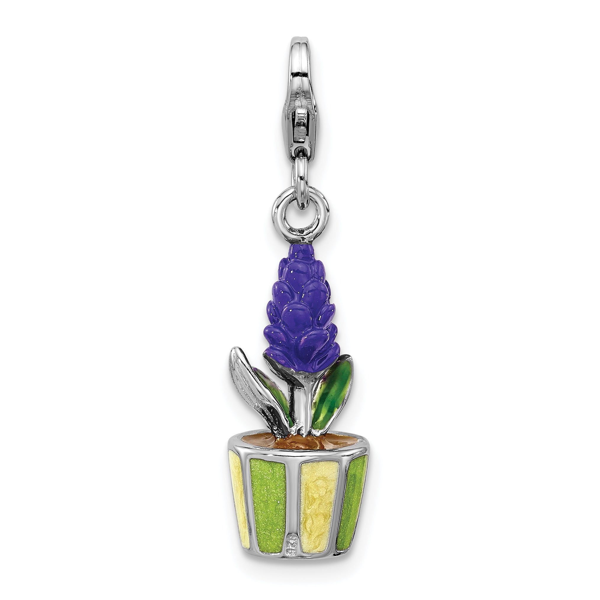 Amore La Vita Sterling Silver Rhodium-plated 3-D Purple Enameled Hyacinth Flower in Green and Yellow Enameled Flower Pot Charm with Fancy Lobster Clasp Main image