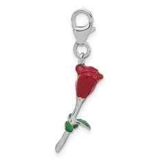 Amore La Vita Sterling Silver Rhodium-plated 3-D Red and Green Enameled Rose Charm with Fancy Lobster Clasp