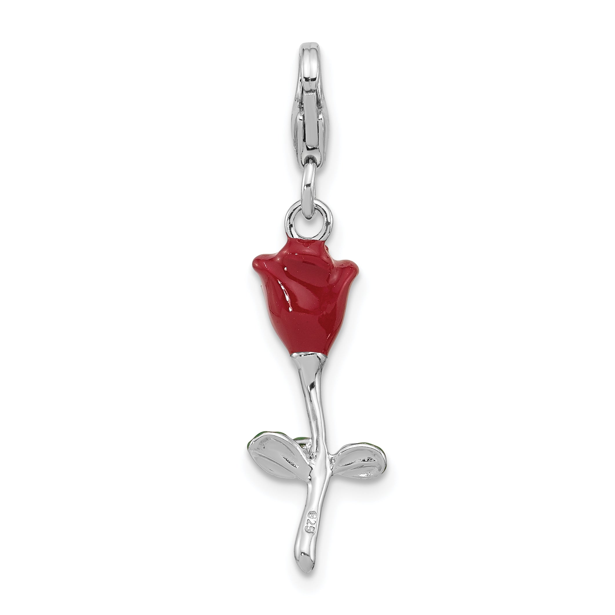 Amore La Vita Sterling Silver Rhodium-plated 3-D Red and Green Enameled Rose Charm with Fancy Lobster Clasp