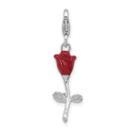 Amore La Vita Sterling Silver Rhodium-plated 3-D Red and Green Enameled Rose Charm with Fancy Lobster Clasp