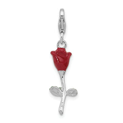 Amore La Vita Sterling Silver Rhodium-plated 3-D Red and Green Enameled Rose Charm with Fancy Lobster Clasp