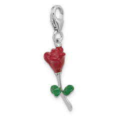 Amore La Vita Sterling Silver Rhodium-plated 3-D Red and Green Enameled Rose Charm with Fancy Lobster Clasp