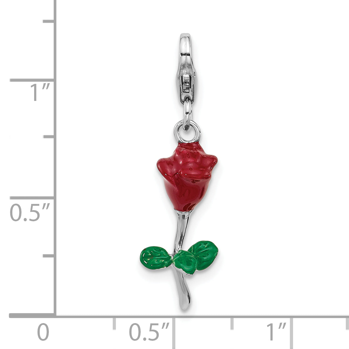 Amore La Vita Sterling Silver Rhodium-plated 3-D Red and Green Enameled Rose Charm with Fancy Lobster Clasp