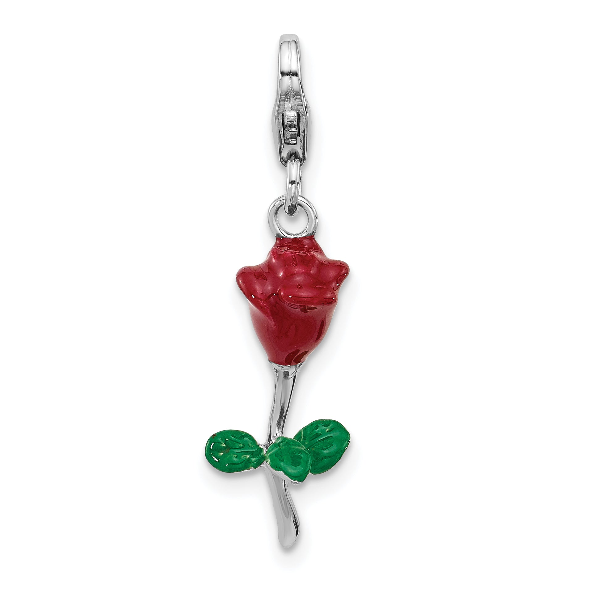 Amore La Vita Sterling Silver Rhodium-plated 3-D Red and Green Enameled Rose Charm with Fancy Lobster Clasp Main image