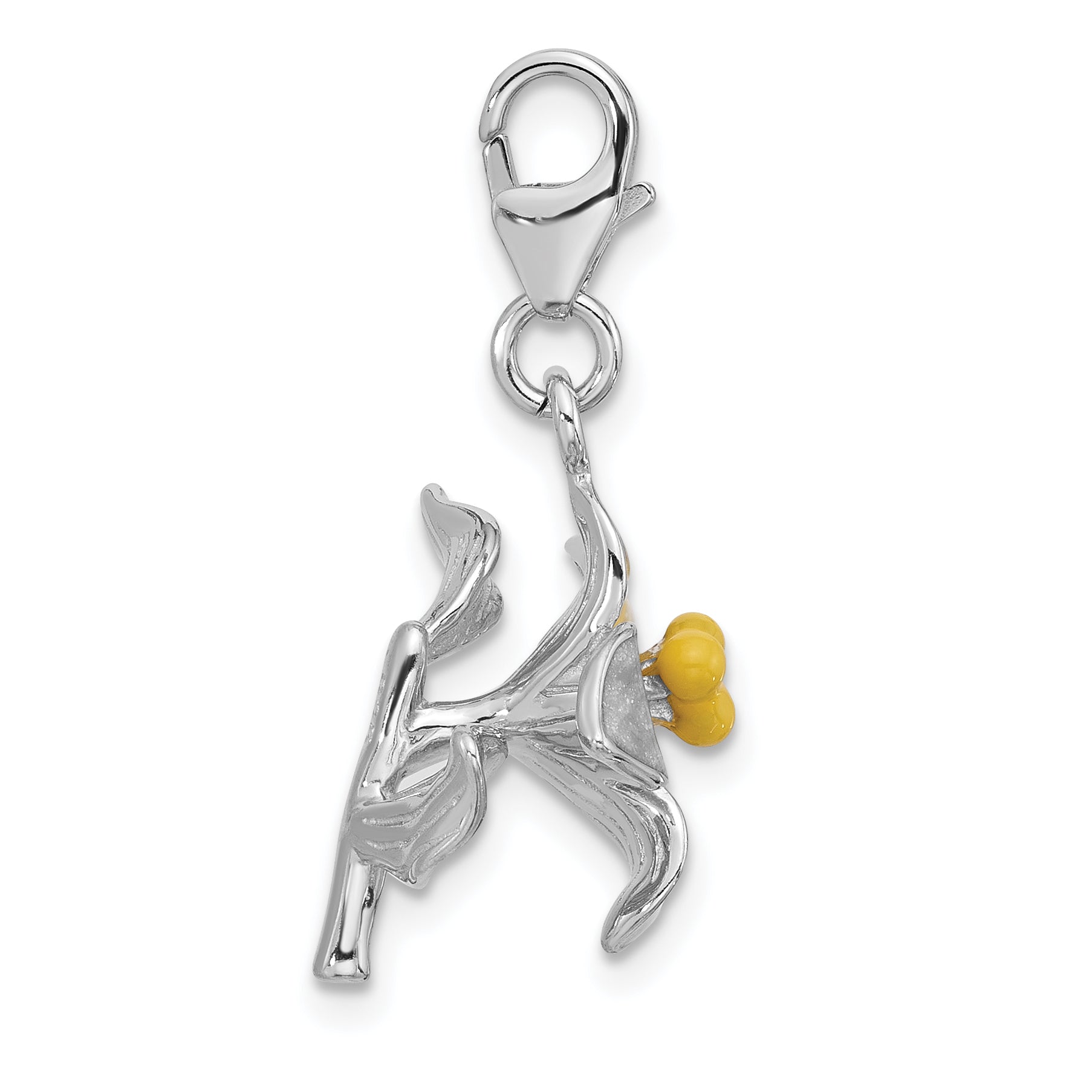 Amore La Vita Sterling Silver Rhodium-plated 3-D Yellow Enameled Plumeria Flower Charm with Fancy Lobster Clasp