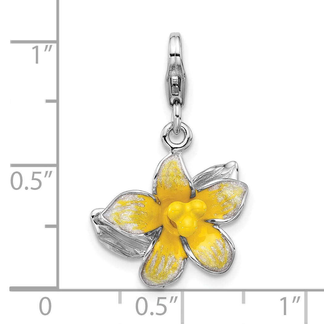 Amore La Vita Sterling Silver Rhodium-plated 3-D Yellow Enameled Plumeria Flower Charm with Fancy Lobster Clasp