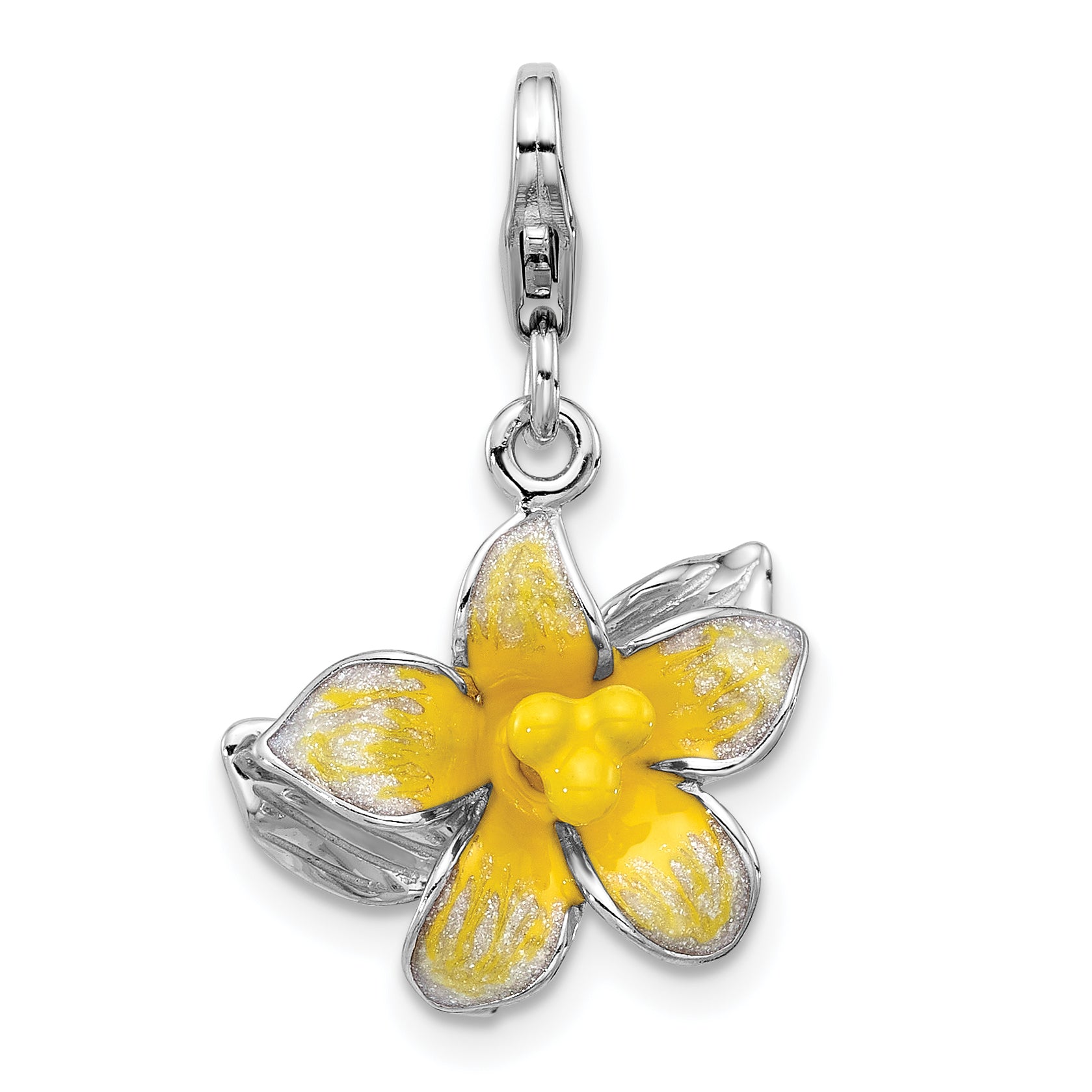 Amore La Vita Sterling Silver Rhodium-plated 3-D Yellow Enameled Plumeria Flower Charm with Fancy Lobster Clasp