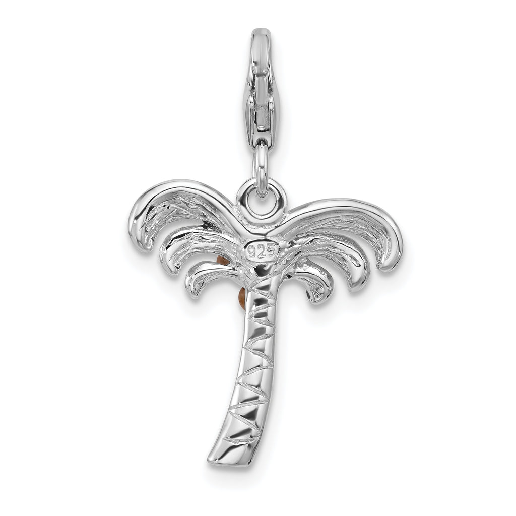 Amore La Vita Sterling Silver Rhodium-plated 3-D Green and Brown Enameled Palm Tree Coconuts Charm with Fancy Lobster Clasp
