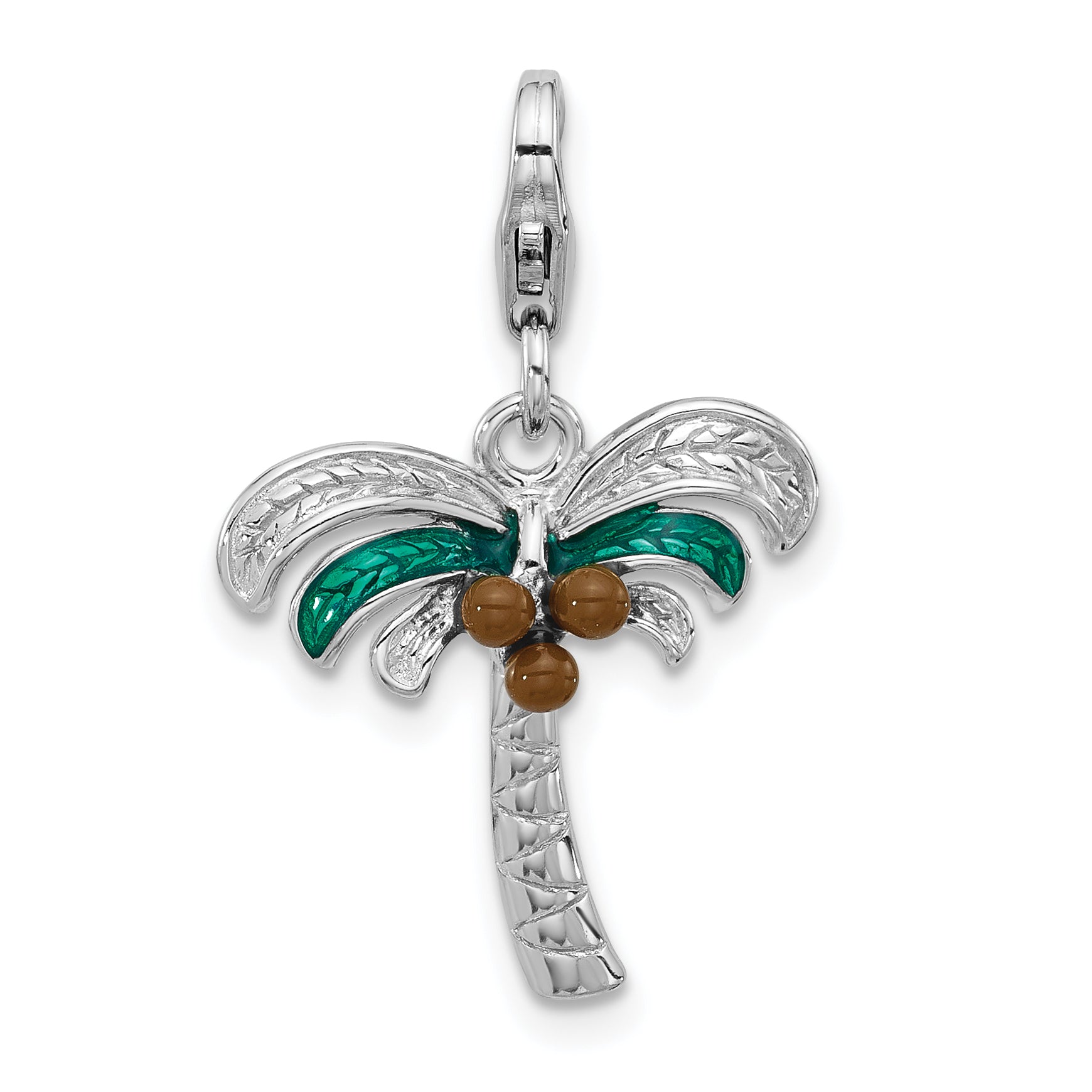 Amore La Vita Sterling Silver Rhodium-plated 3-D Green and Brown Enameled Palm Tree Coconuts Charm with Fancy Lobster Clasp Main image