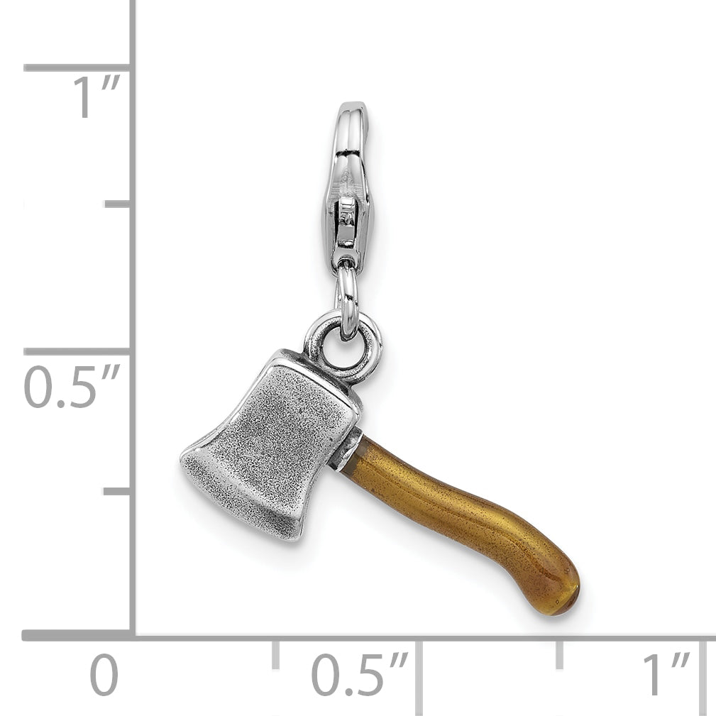 Amore La Vita Sterling Silver Rhodium-plated 3-D Axe with Brown Enameled Handle Charm with Fancy Lobster Charm