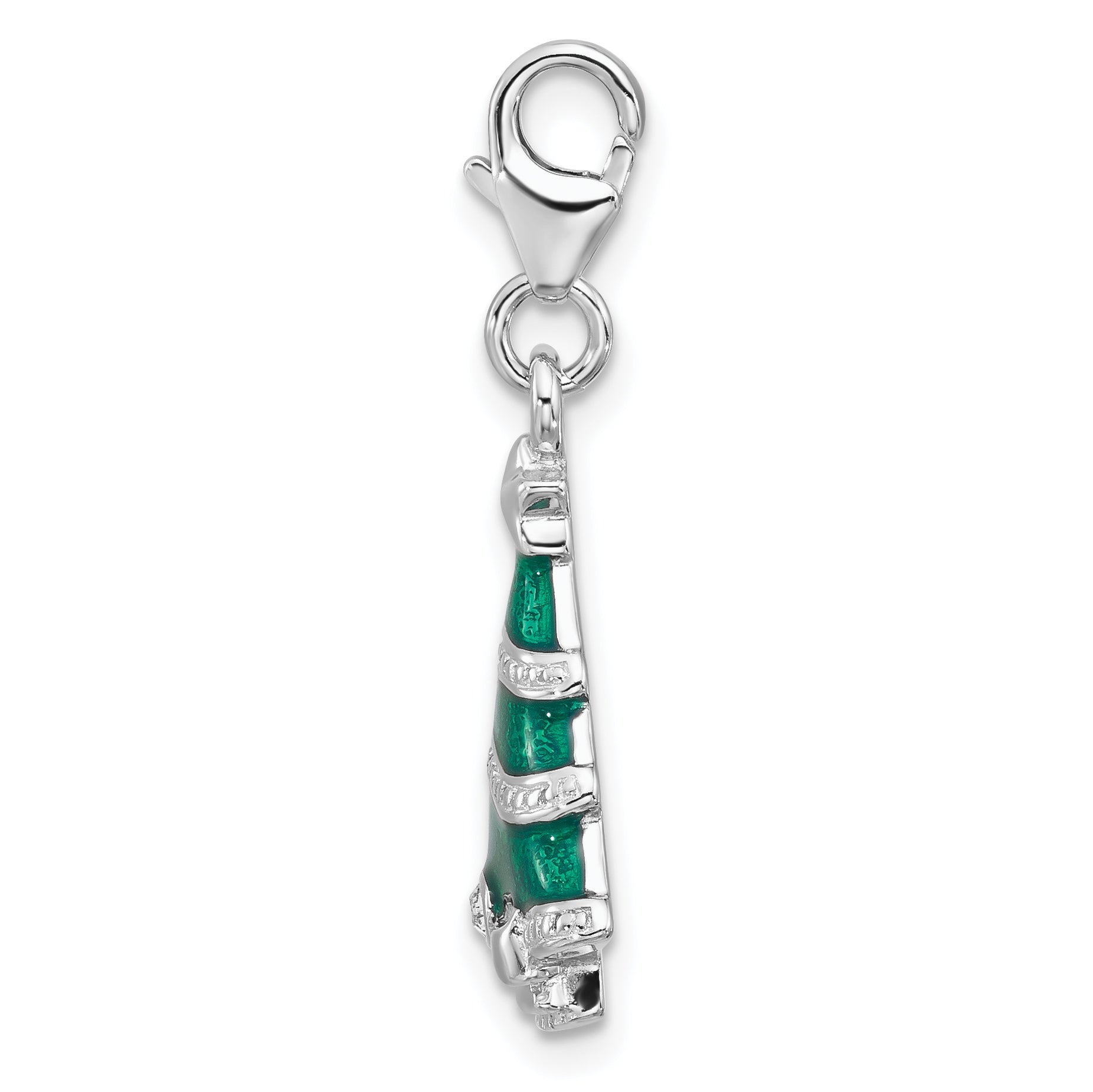 Amore La Vita Sterling Silver Rhodium-plated Green Enameled Christmas Tree with White Crystal in Bow Charm with Fancy Lobster Clasp