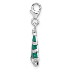Amore La Vita Sterling Silver Rhodium-plated Green Enameled Christmas Tree with White Crystal in Bow Charm with Fancy Lobster Clasp
