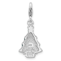 Amore La Vita Sterling Silver Rhodium-plated Green Enameled Christmas Tree with White Crystal in Bow Charm with Fancy Lobster Clasp