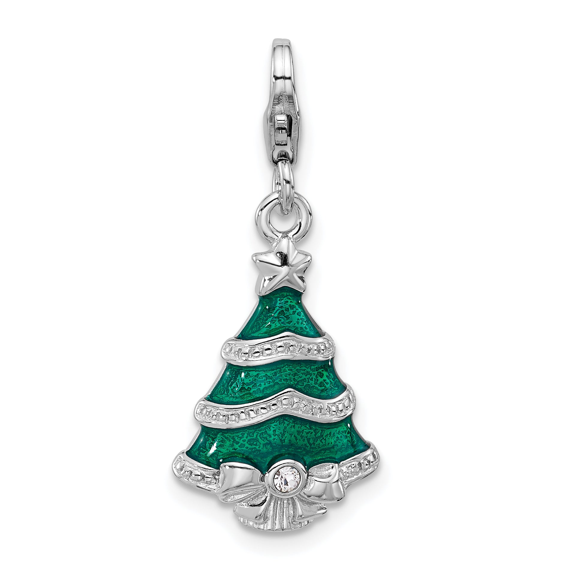 Amore La Vita Sterling Silver Rhodium-plated Green Enameled Christmas Tree with White Crystal in Bow Charm with Fancy Lobster Clasp Main image